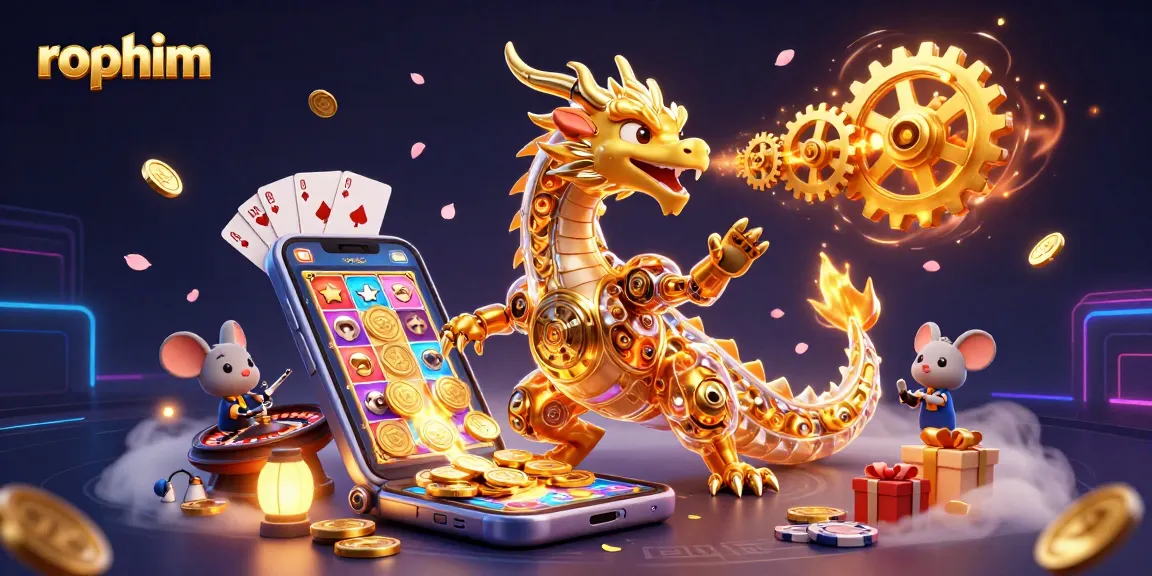 Spin the reels with rophim's thrilling casino scene featuring a golden dragon and gaming elements.