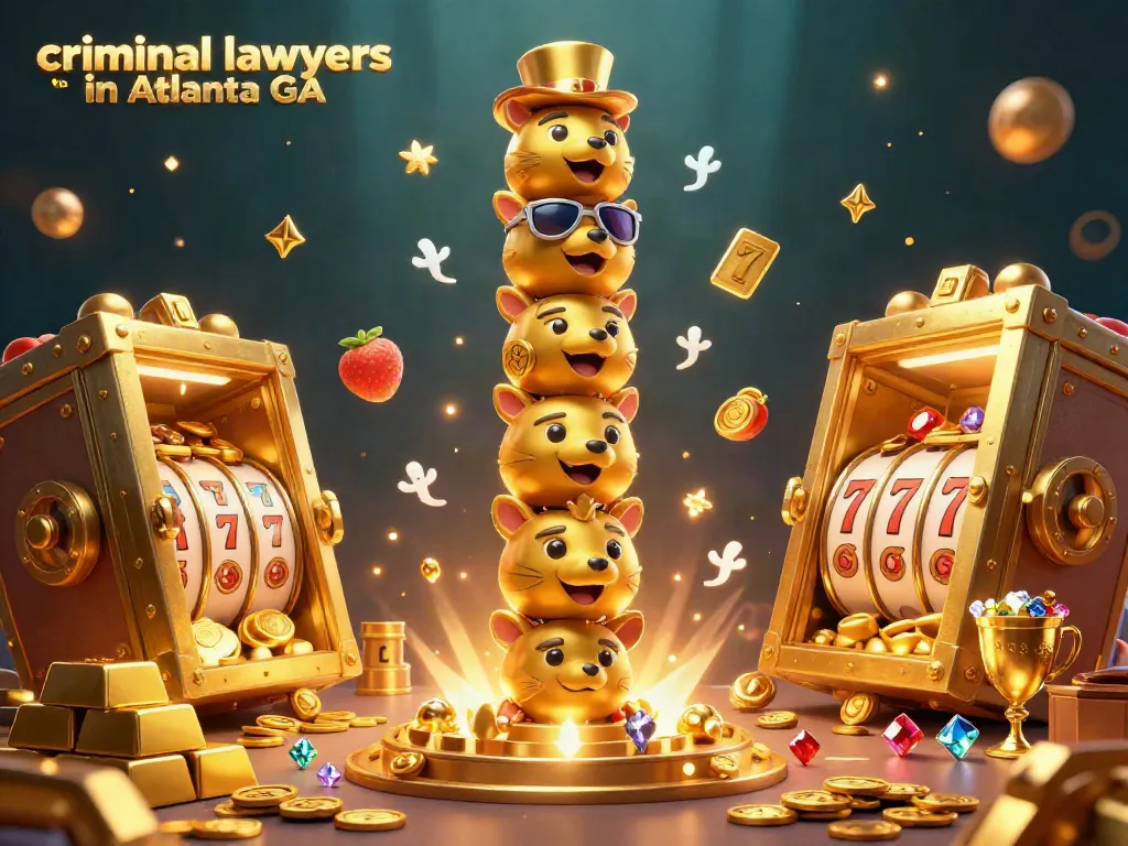 Engaging 3D scene illustrating criminal lawyers in Atlanta GA amidst vibrant casino elements like slot reels and golden treasures.