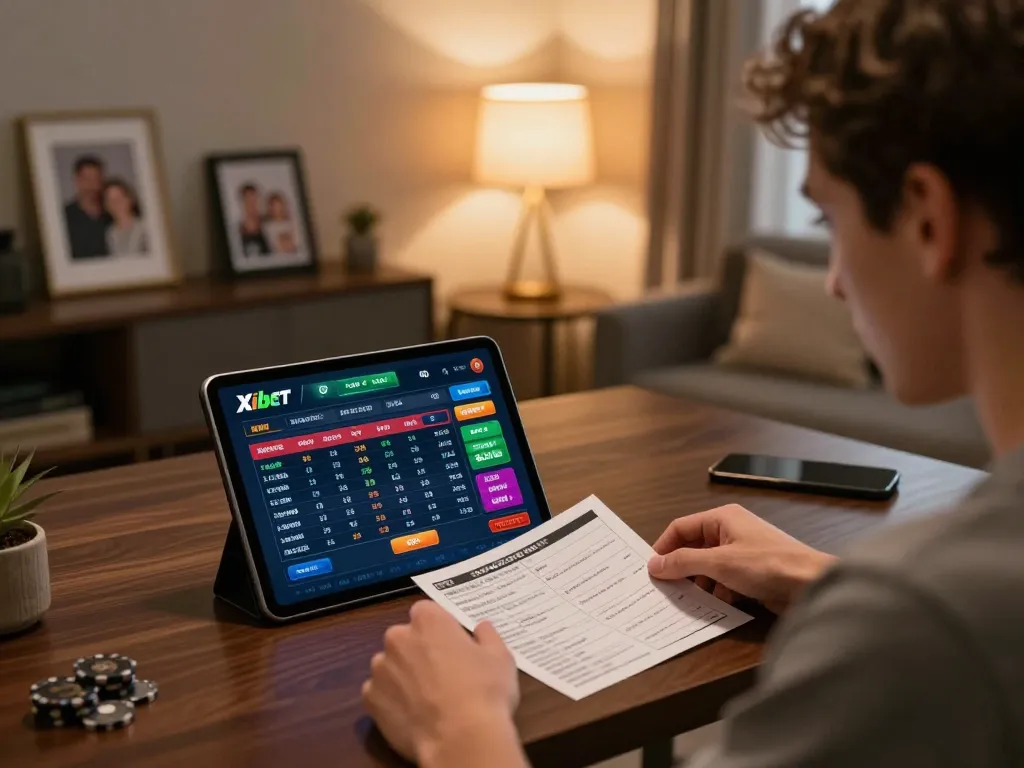 Xibet user actively placing bets in a cozy home setting, emphasizing strategic gambling experience.