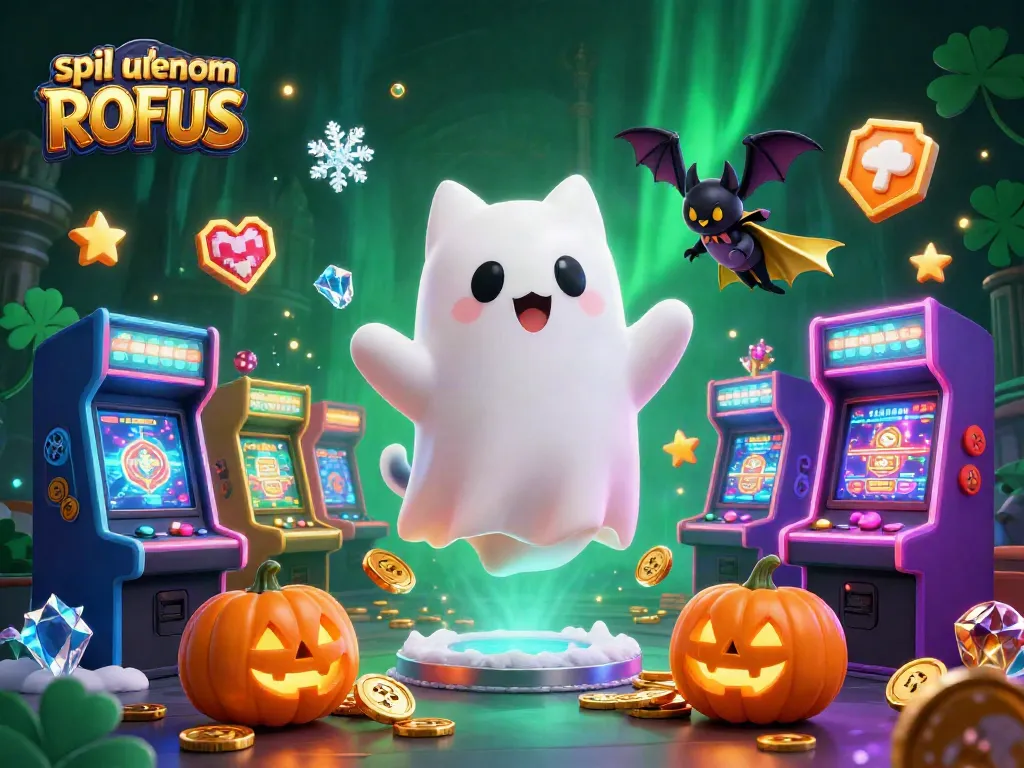 Engage in spil uden om ROFUS with a vibrant ghost cat and vampire bat in a lively casino.