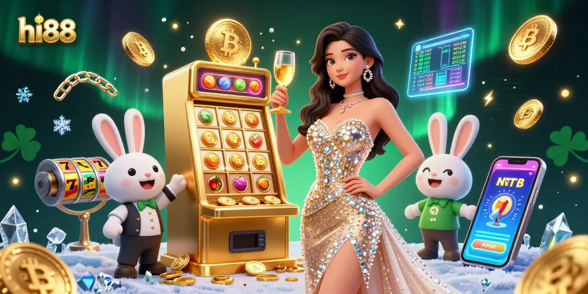 Win big at hi88 with a dazzling woman and cartoon bunny croupier by a jackpot slot machine.