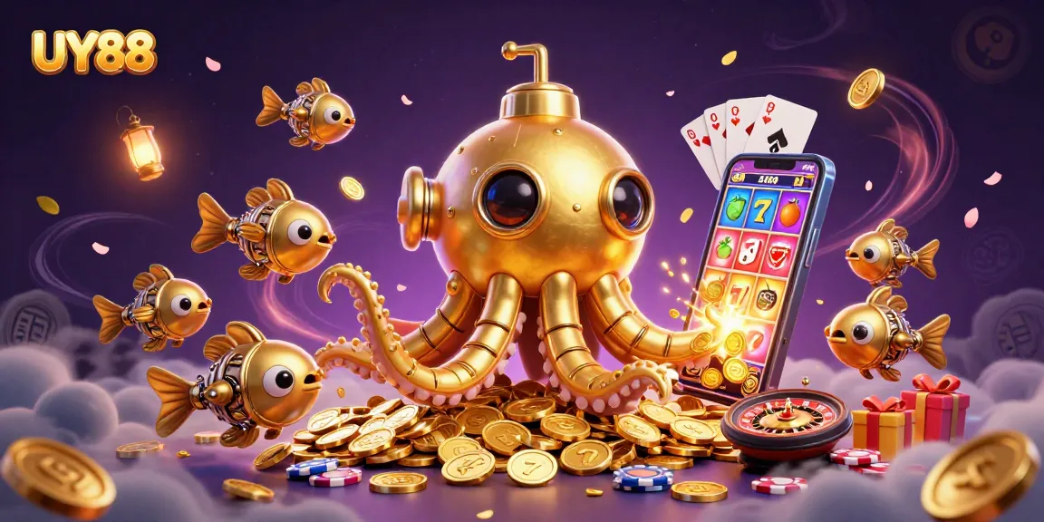Join the excitement of UY88 with a golden kraken submarine surfacing among slots and riches.