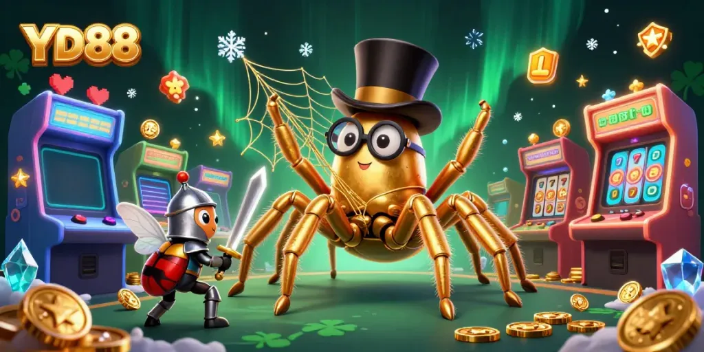 YD88 gaming illustration showcasing vibrant casino themes with characters amidst slot elements and rich detail.