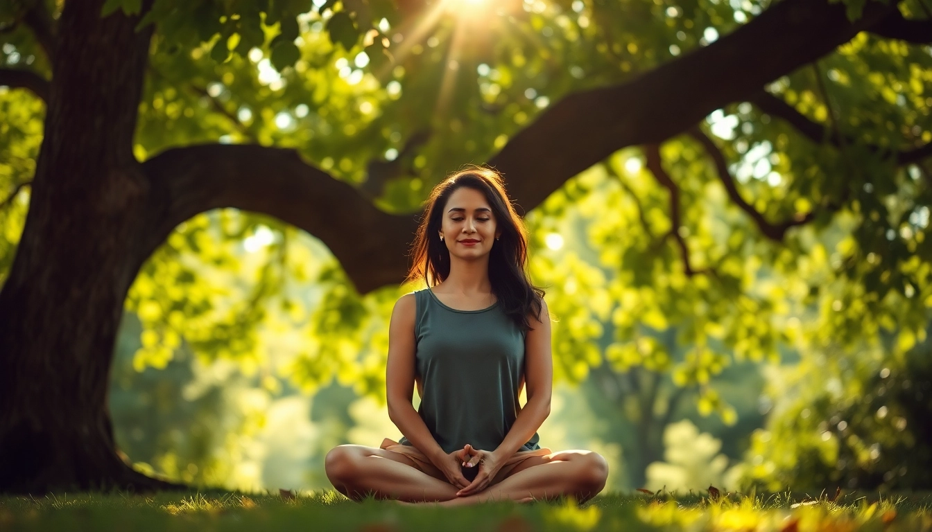 A person meditating under a tree to alleviate stress and anxiety, surrounded by nature.