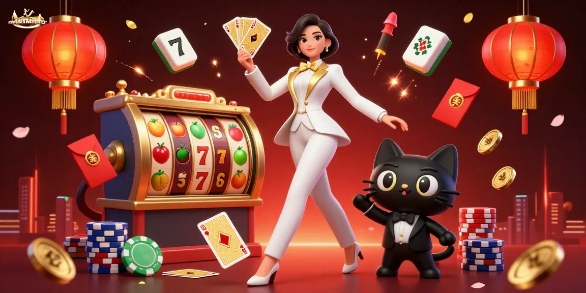 Experience dynamic gameplay with MANTRATOTO, featuring a glamorous dealer shuffling cards and slot machine excitement.