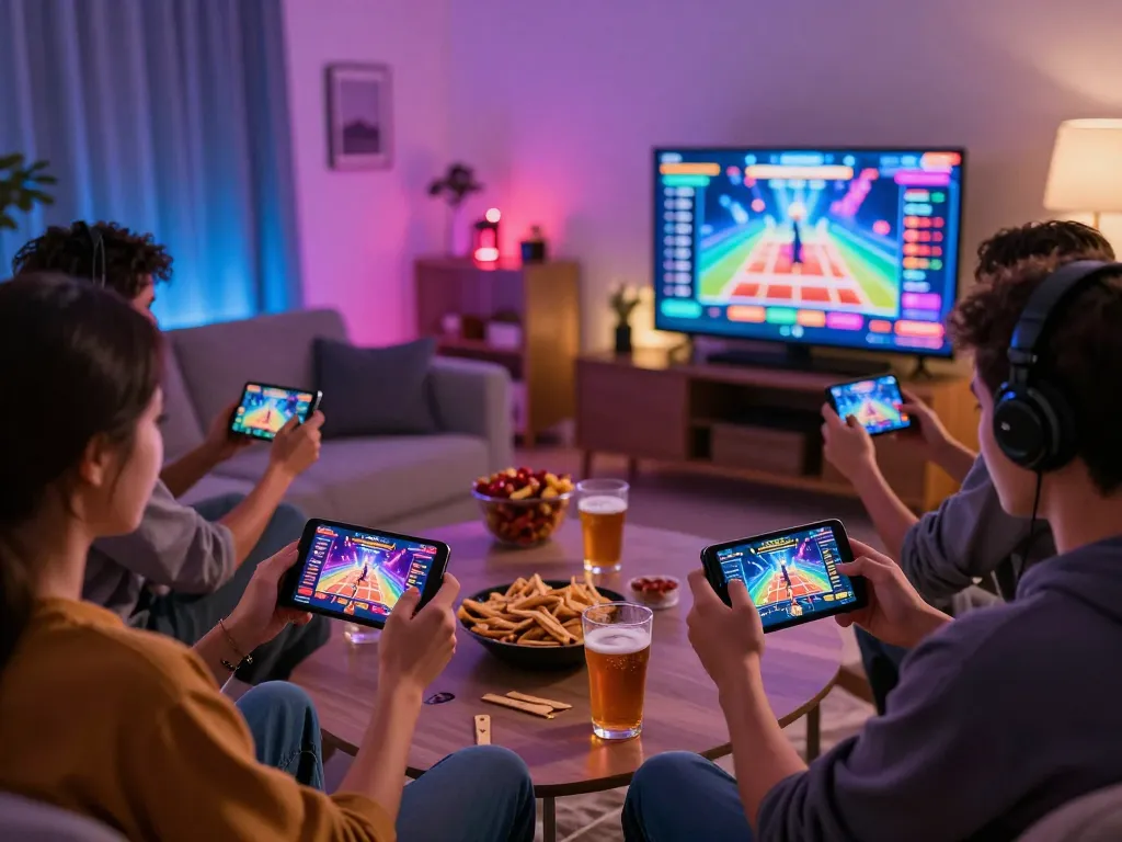 Friends enjoying thrilling gameplay on 789club, showcasing vibrant casino graphics in a cozy living room.