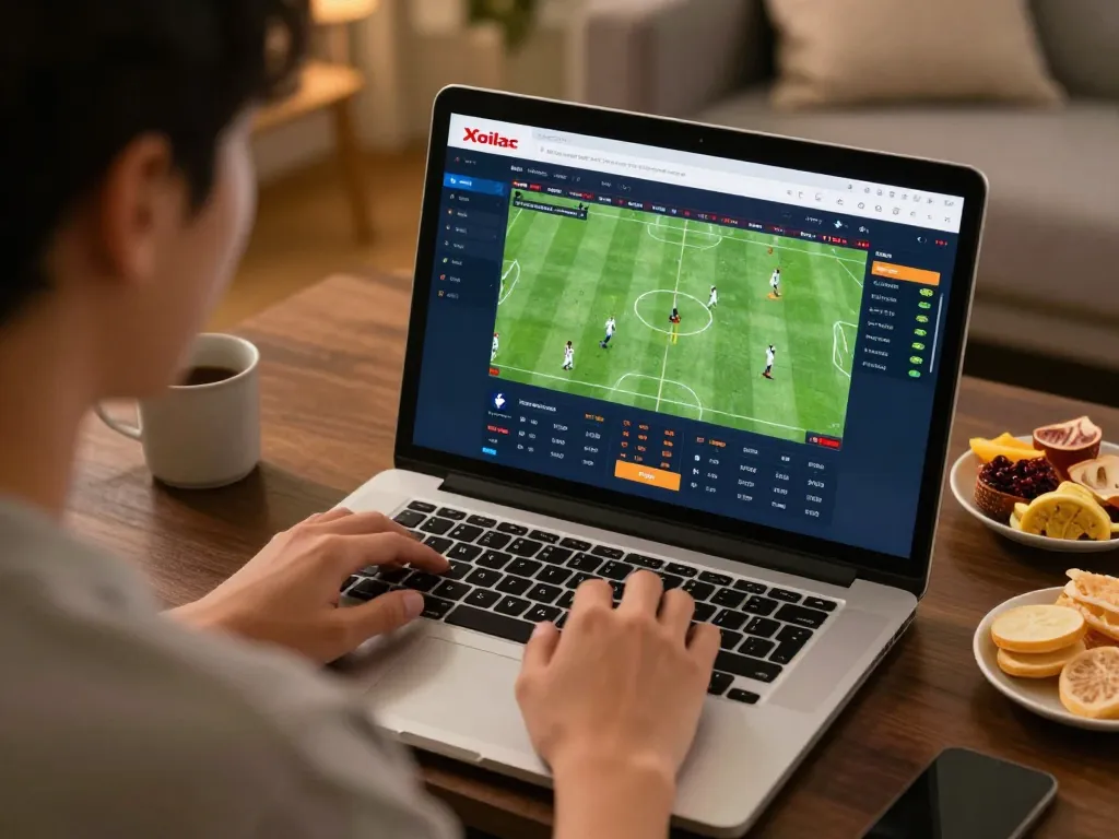 Xoilac online sports betting interface engaged with live football matches on laptop