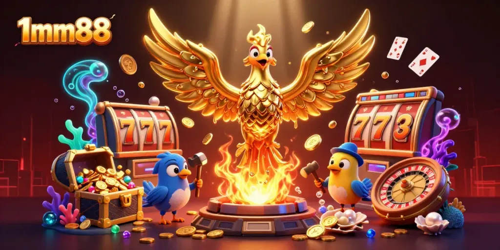 Experience the thrill of 1mm88 with a vibrant, gold-filled casino scene bursting with energy.