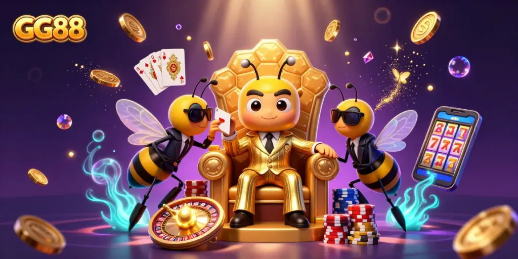 GG88 showcases a vibrant 3D cartoon scene of a mob boss bee in a golden suit, surrounded by casino elements.