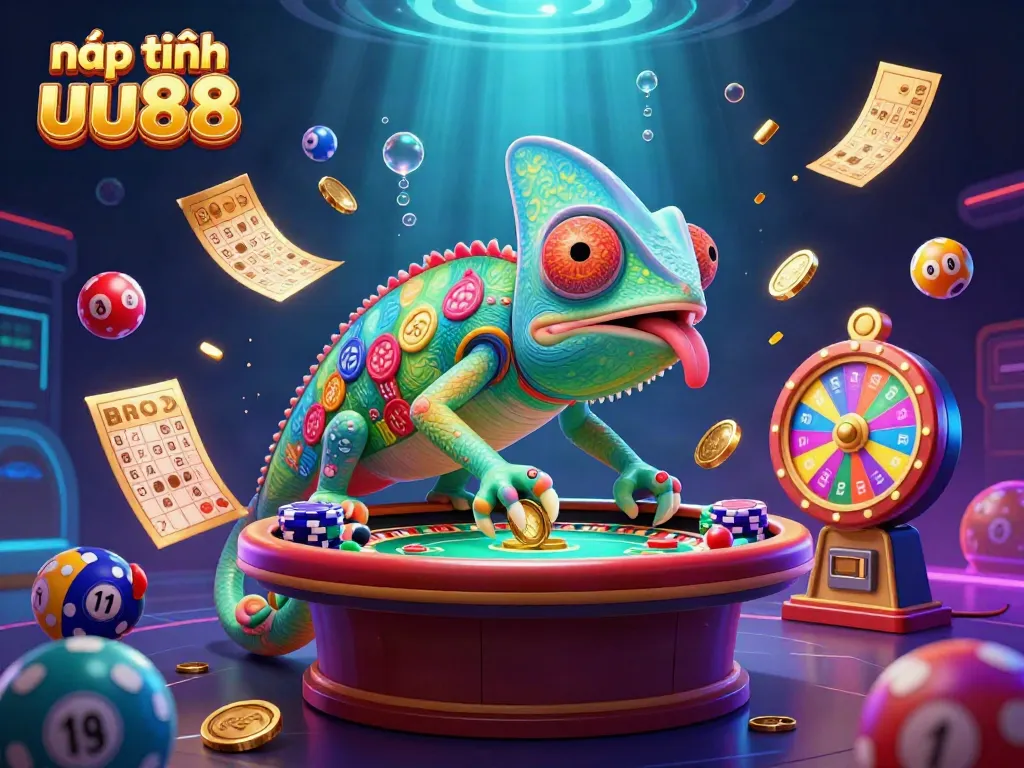 Experience the excitement of nạp tiền uu88 amidst vibrant colors and dynamic lottery games in this stunning 3D illustration.