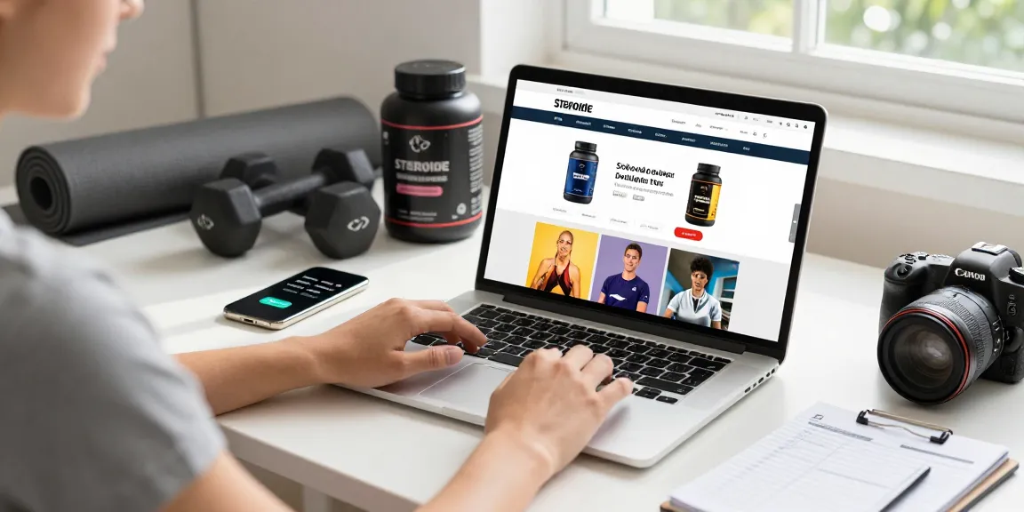 Steroide Boutique online shopping scene with fitness gear and a laptop browsing products in a bright workspace.