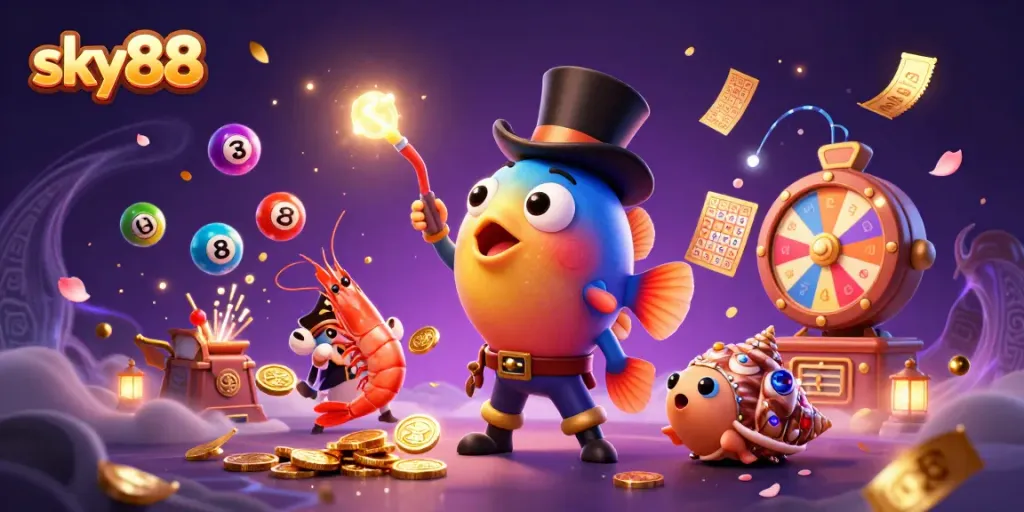 Sky88 lets players catch big rewards in an explosive lottery scene with vibrant characters and dynamic game elements.