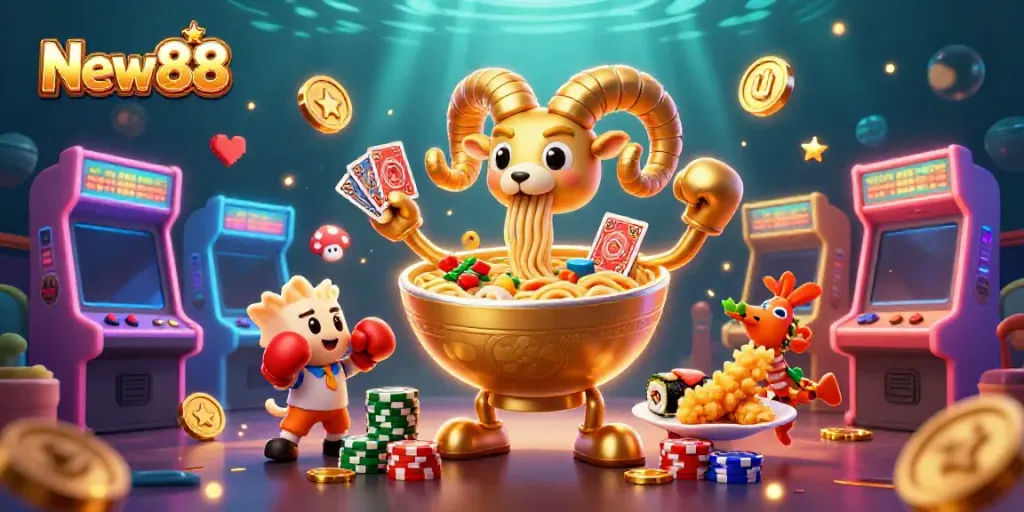 Experience excitement at New88 with animated characters engaging in casino-themed games.