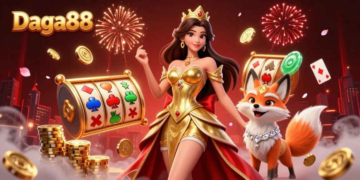Daga88 offers thrilling slots action with dynamic fireworks and vivid characters in a stunning 3D casino environment.