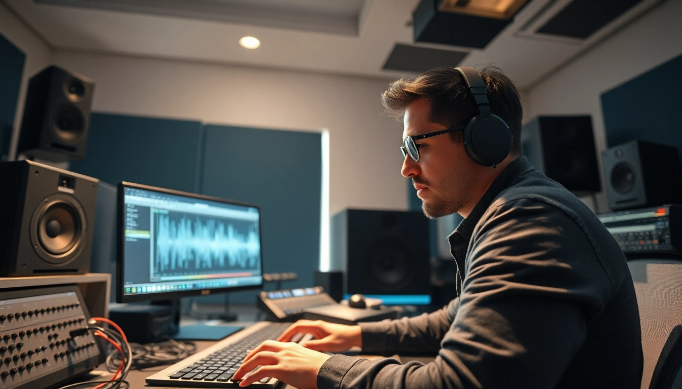 An engineer perfecting online audio mastering in a dynamic recording studio setting