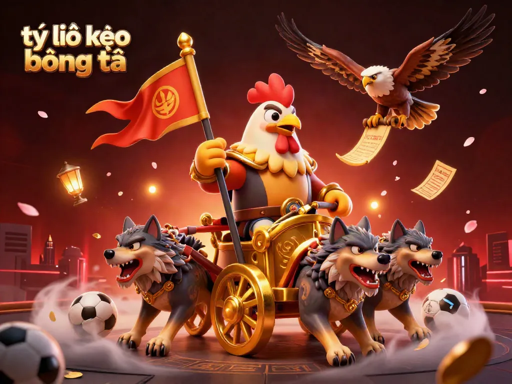 Engage in tỷ lệ kèo bóng đá with a dynamic scene showcasing a rooster warlord in action, sports elements all around.