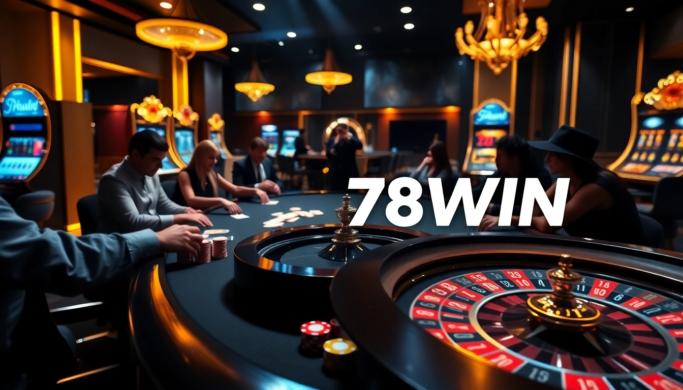 Experience thrilling gameplay at 78Win's luxurious casino tables with vibrant poker chips and an exciting atmosphere.