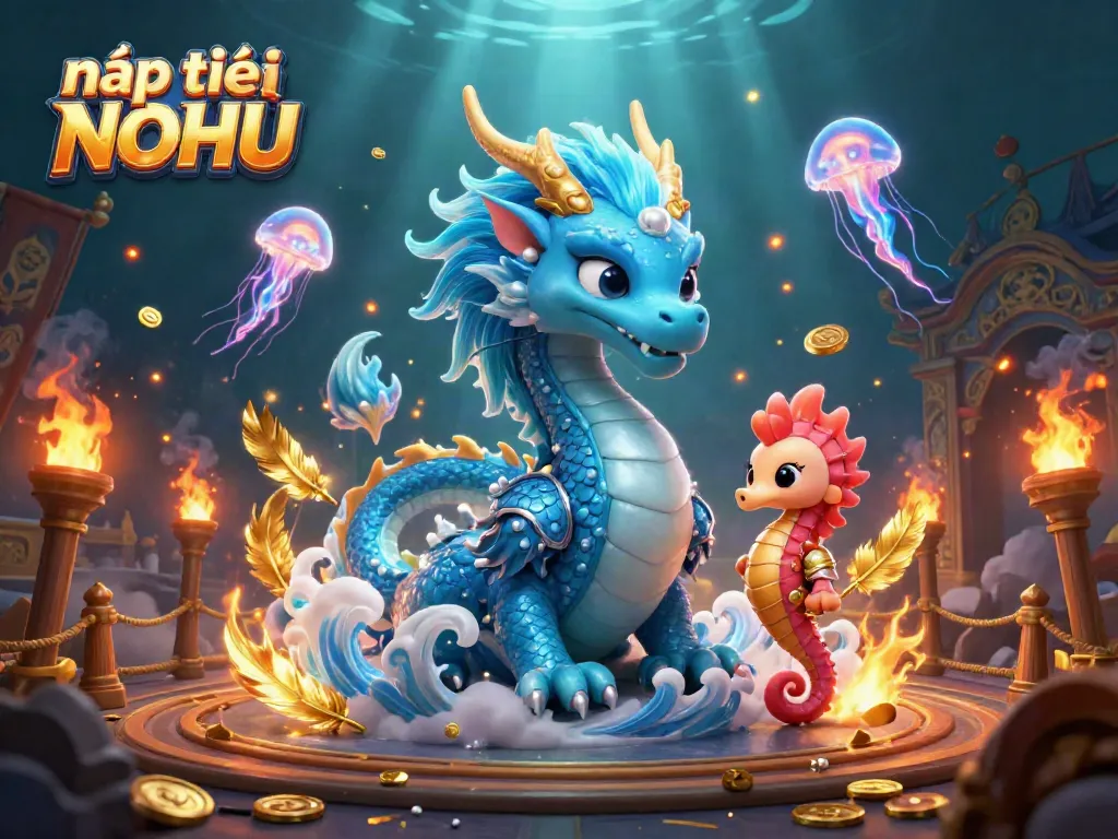Nạp tiền NOHU effortlessly with our illustrated fantasy scene featuring a water dragon and seahorse, capturing thrilling gaming action.