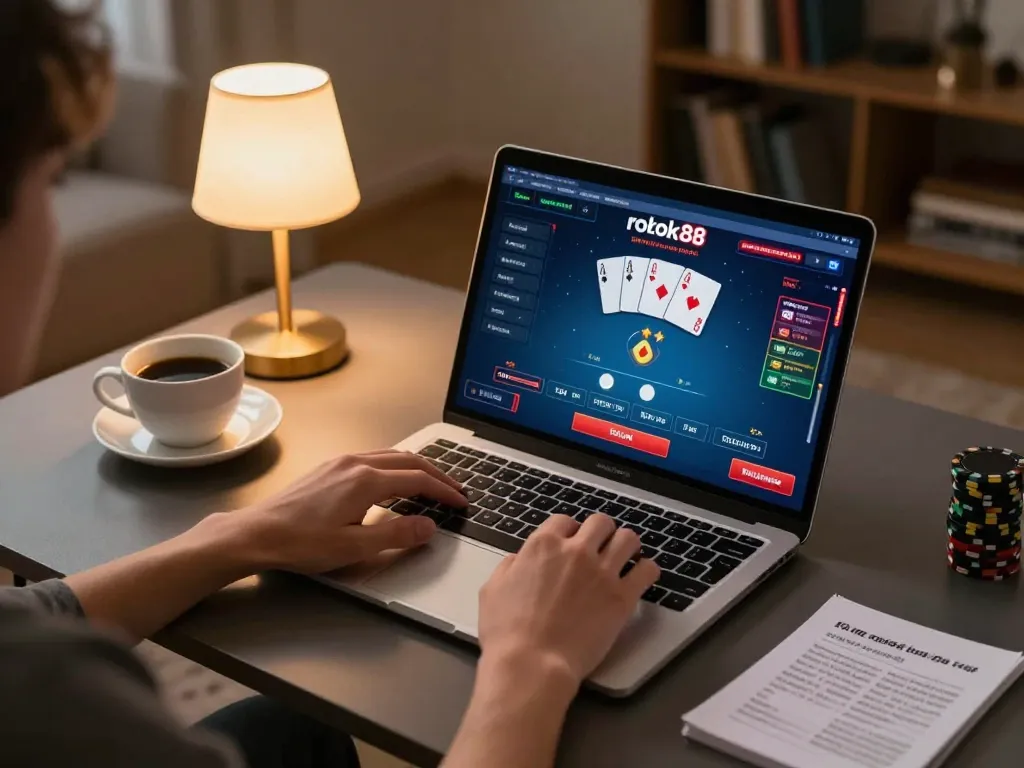 Berkolaborasi dengan poker online rokok88, pemain menggunakan laptop di lingkungan rumah yang nyaman, menampilkan strategi permainan.