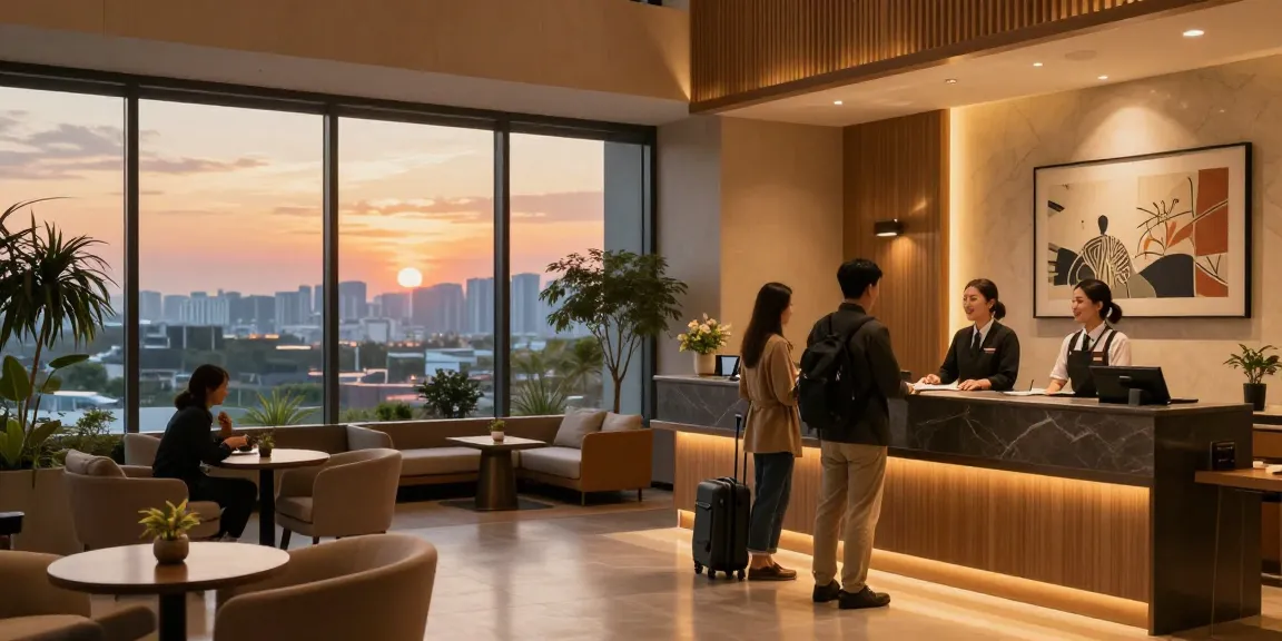 Experience the welcoming atmosphere of ROKOK88 Carter Hotel's modern lobby during sunset.