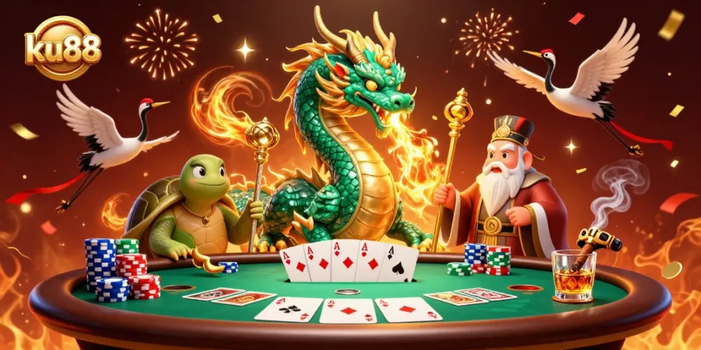 Engage with ku88's vibrant gaming atmosphere with a jade dragon and a poker table scene.