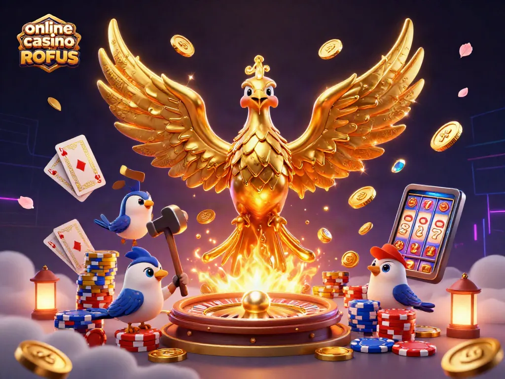 Experience online casino uden ROFUS with dynamic gaming elements, golden phoenix, and exciting casino visuals.
