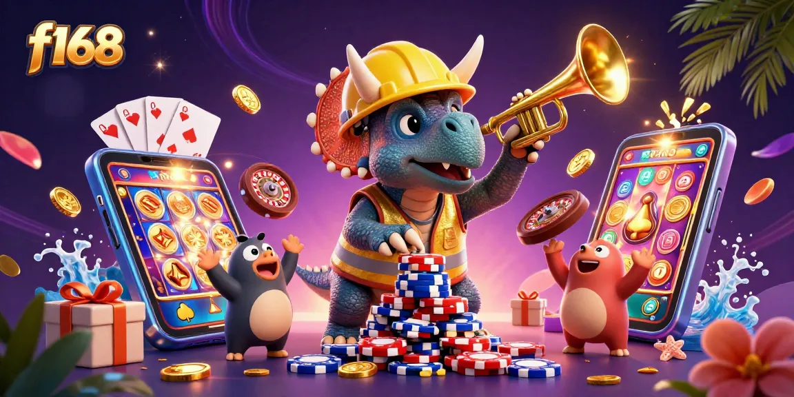Engage with thrilling gaming action at f168 as cartoon characters celebrate a big win with poker chips.