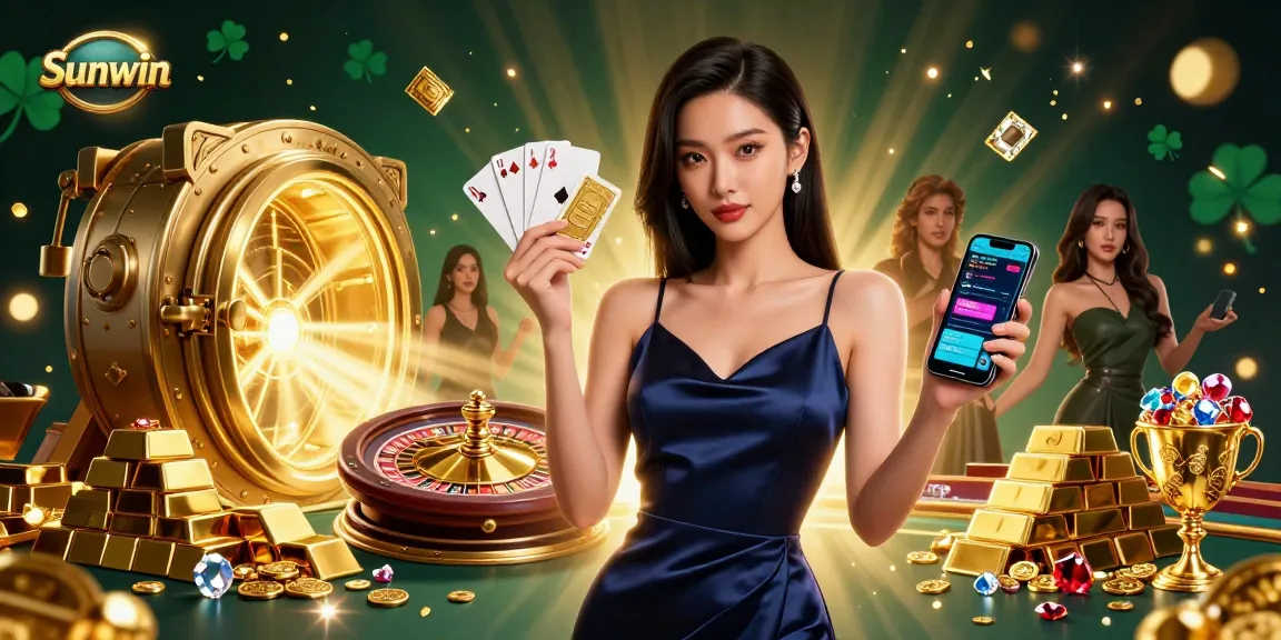 Sunwin casino gaming experience featuring a confident Asian woman holding casino app, rich gold and jewels.