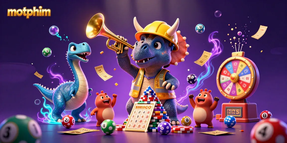 Playful scene with motphim characters celebrating as they build a poker chip pyramid amidst exciting gaming elements.
