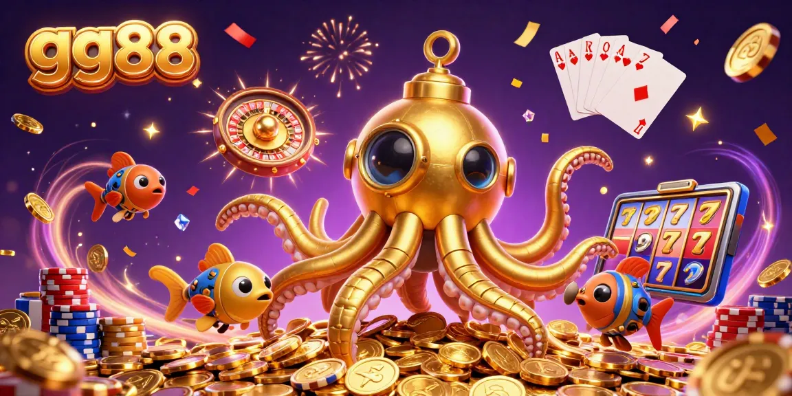 Engage with the vibrant gg88 gaming world featuring golden kraken amidst coins and casino elements.