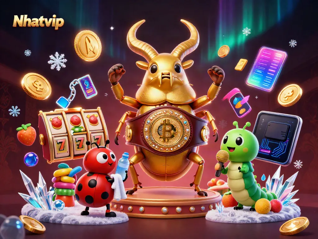 Engage in exciting online gambling at Nhatvip with a vibrant dynamic casino-themed scene featuring unique characters.