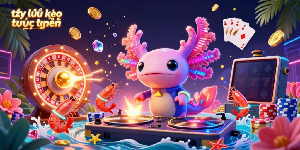 Experience the thrilling world of tỷ lệ kèo trực tuyến as a neon axolotl DJ spins tunes with vibrant shrimp dancers and exciting game elements.
