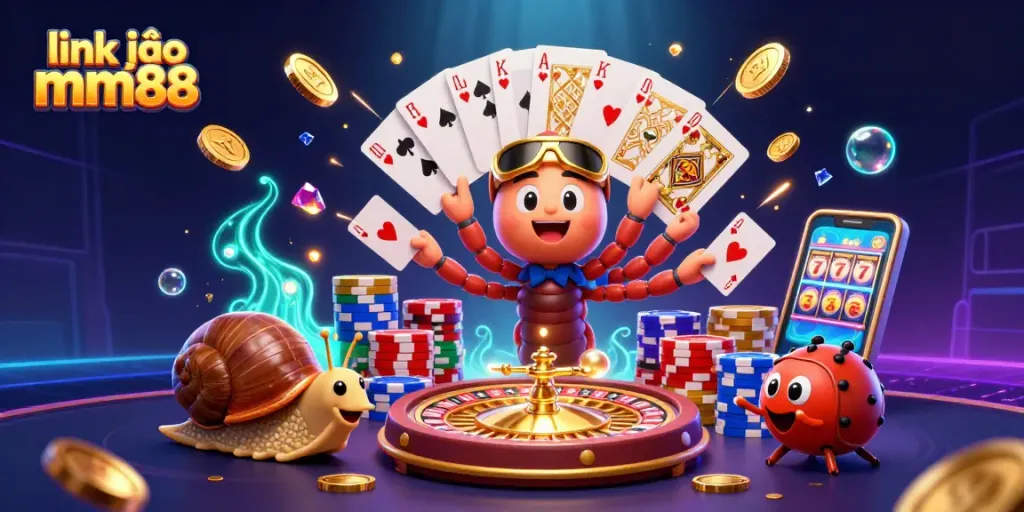 Spin to win at link vào mm88 with a vibrant 3D illustration of playful casino characters.