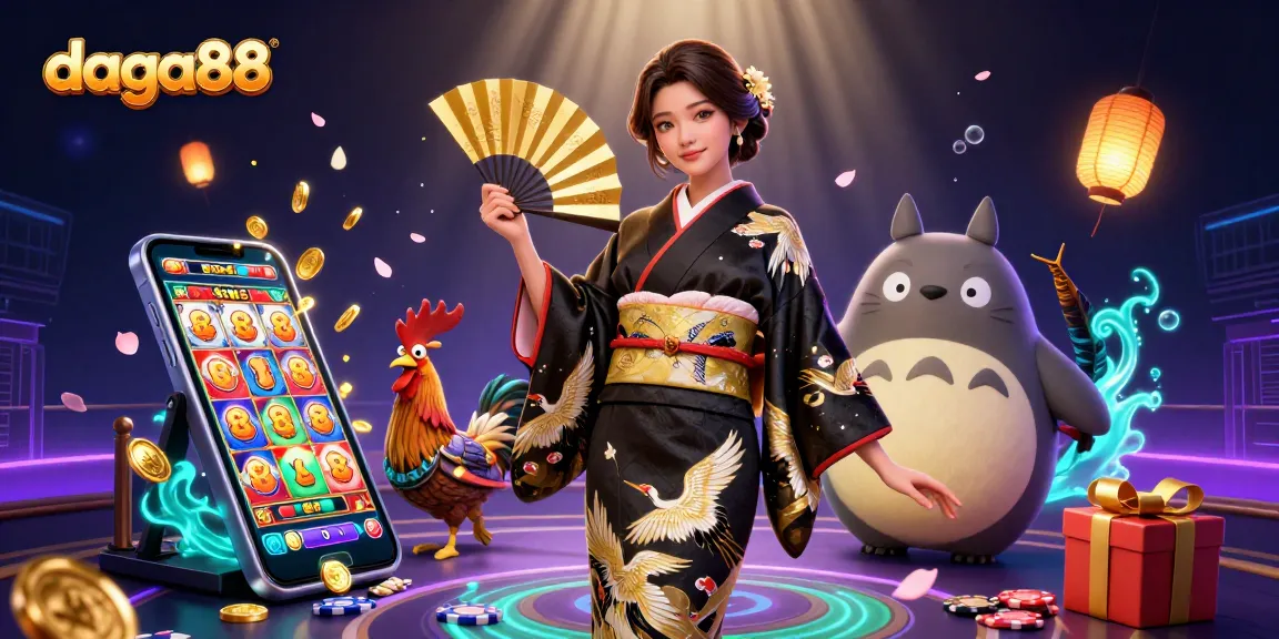Engage in thrilling cockfighting at daga88, featuring an elegant Asian gamer embracing the excitement.