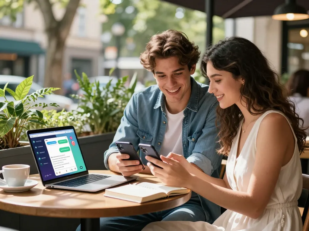 Engaging couple using girlfriend AI app outdoors in a café, blending technology and romance.
