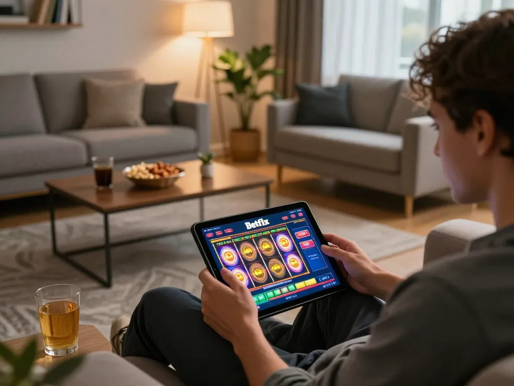 Engaging in online gaming at home with betflix casino interface on tablet, vibrant atmosphere and relaxed setting.