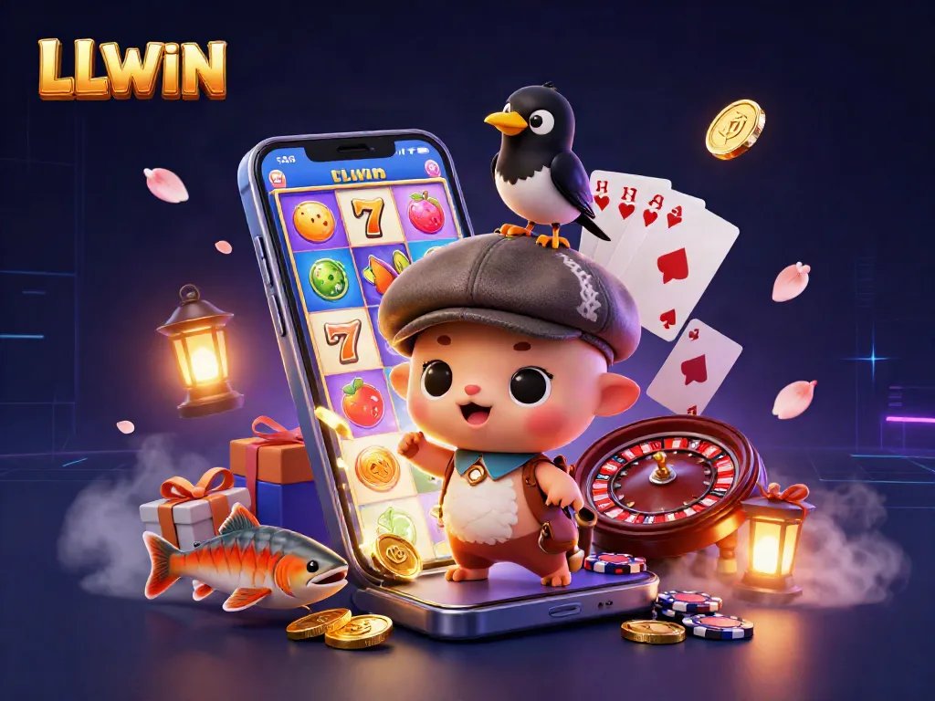 Experience thrilling slots with LLWIN, featuring a playful Nessie amidst vibrant casino elements.