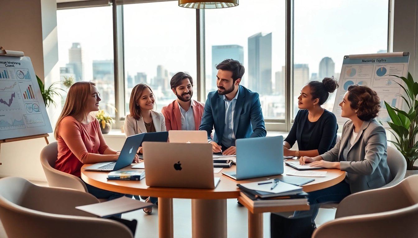 Marketing Consultant advising clients in a vibrant office, fostering collaboration and strategy development.