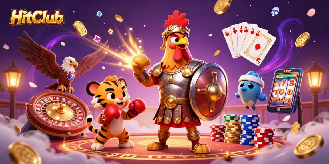 Engage with HitClub as the 3D gladiator rooster leads a vibrant casino scene filled with exciting games.