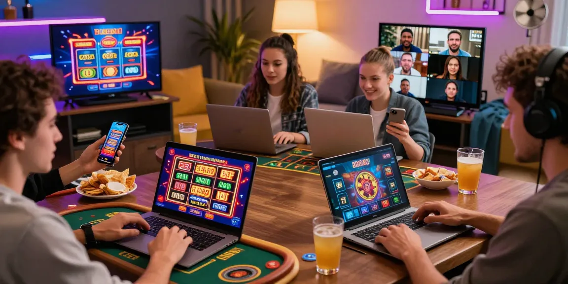 Diverse players experiencing the excitement of non UK casino games on laptops and mobiles in a vibrant, modern setting.