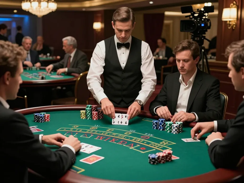 SKY88 players enjoying an upscale blackjack game with stacked chips and engaging dealer actions