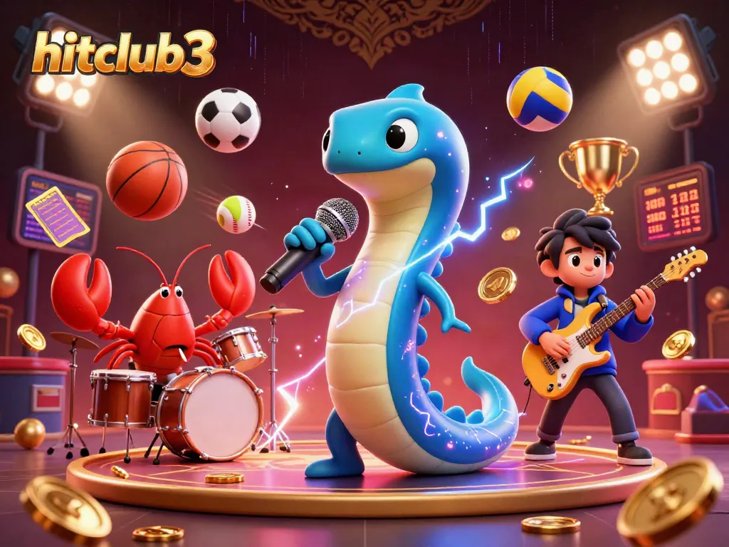Engage with hitclub3 in a vibrant underwater casino scene showcasing electric eel DJ, lobster drummer, and seahorse guitarist.