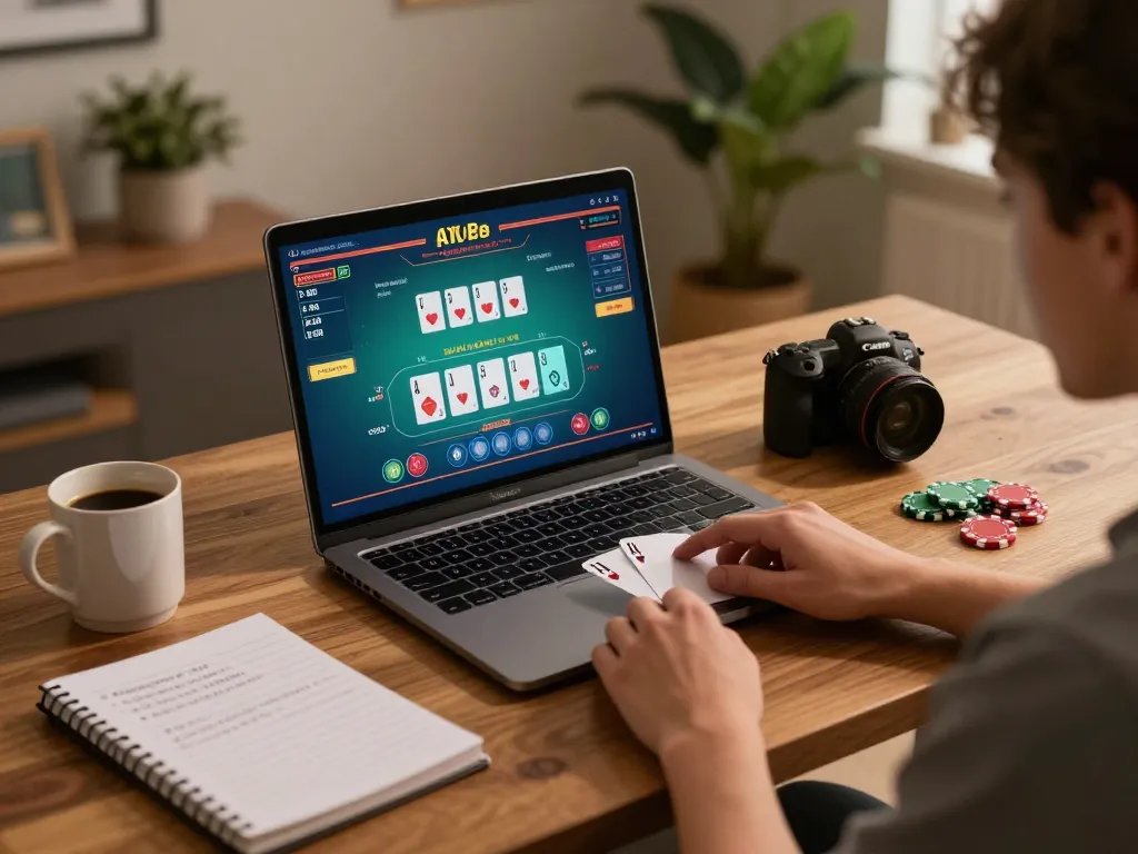 Player enjoying vic88 online blackjack on laptop at home, showcasing engaging live dealer action