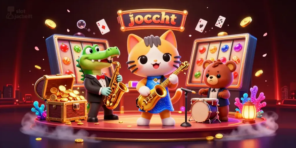 Experience the excitement of slot jackpots with a vibrant scene featuring a singing cat, saxophone crocodile, and drumming bear.