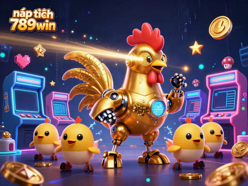 Engage in thrilling gaming action with nạp tiền 789win amidst colorful arcade machines and dynamic characters.