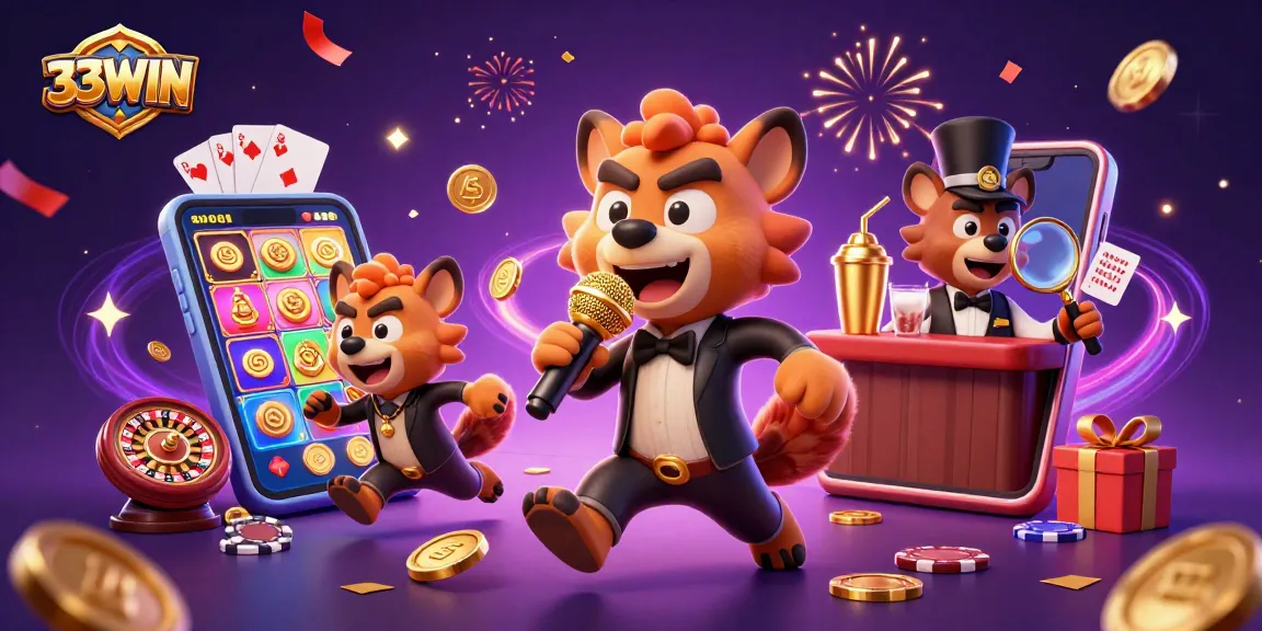 Experience thrilling gaming at 33WIN with a vibrant casino atmosphere featuring hyenas and exciting games.