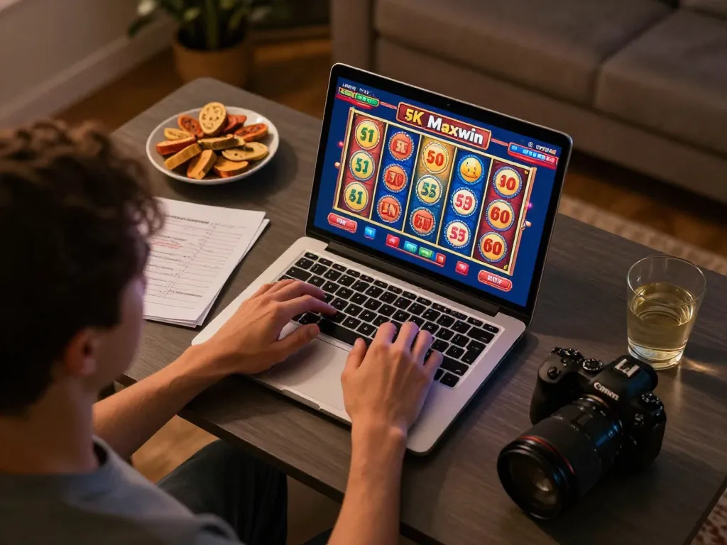 Engaging online casino gameplay featuring slot deposit 5000 on a laptop, showcasing vibrant graphics and cozy home setting.