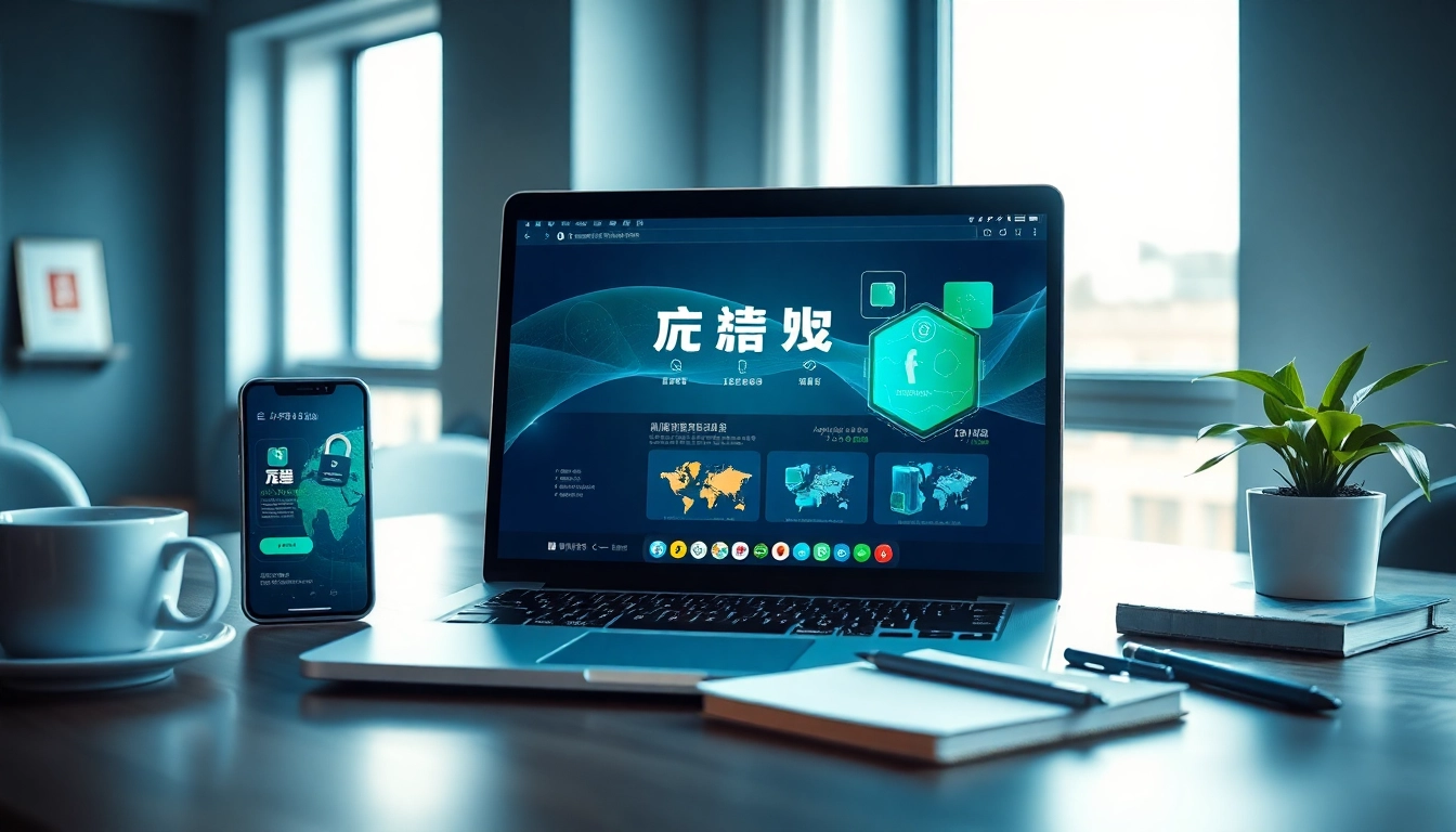 快连下载 app on a laptop showcasing global connectivity in a modern workspace.