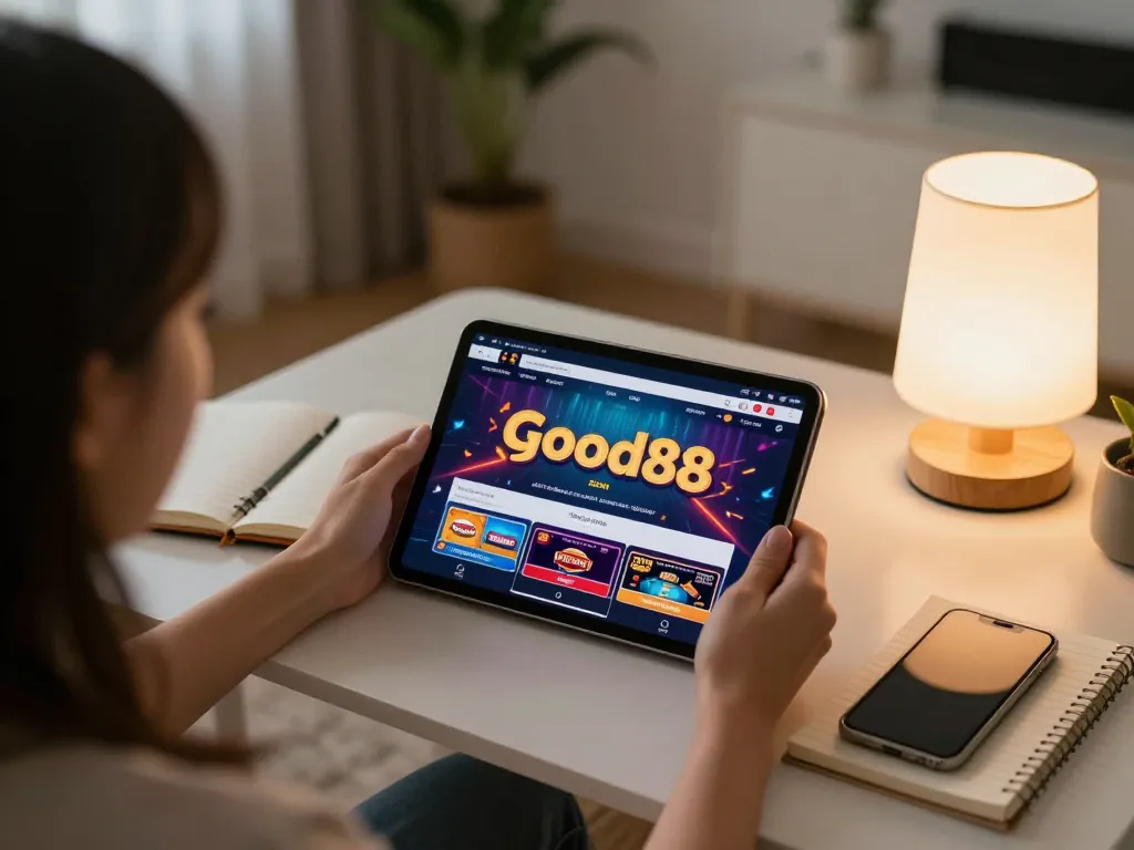 Player engaging with Good88 casino app on tablet while reviewing strategy notes at home