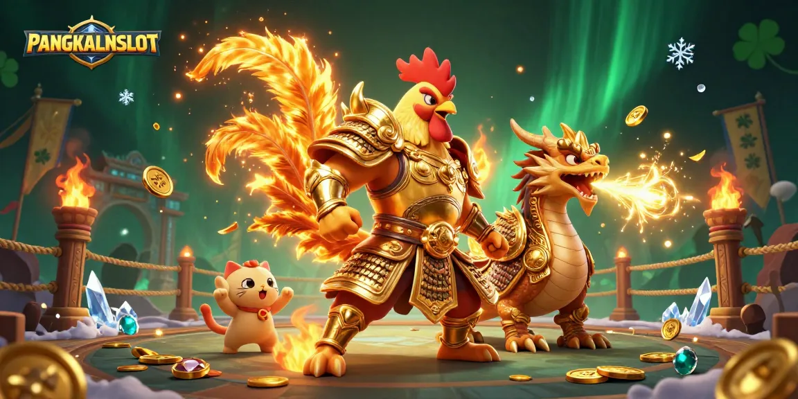 PANGKALANSLOT features a dynamic scene with a rooster warrior, dragon hatchling, and fortune cat in a vibrant casino setting.